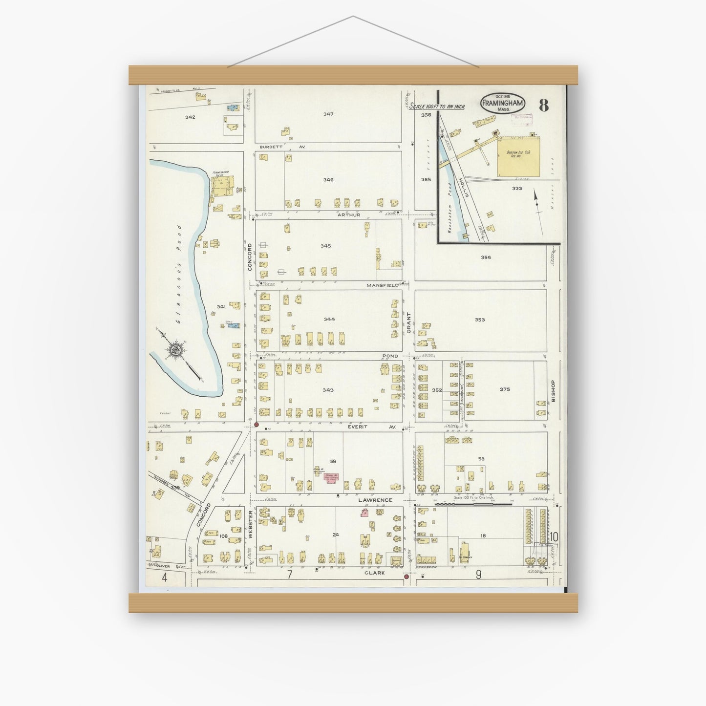 Old map wall art mockup — magnetic wood frame on white wall — Sanborn Fire Insurance Map from Framingham, Middlesex County, Massachusetts (1915), Sheet #0008