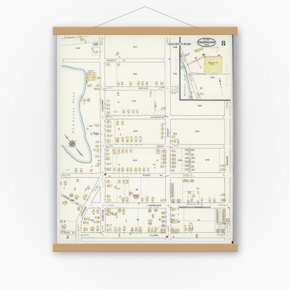 Old map wall art mockup — magnetic wood frame on white wall — Sanborn Fire Insurance Map from Framingham, Middlesex County, Massachusetts (1915), Sheet #0008