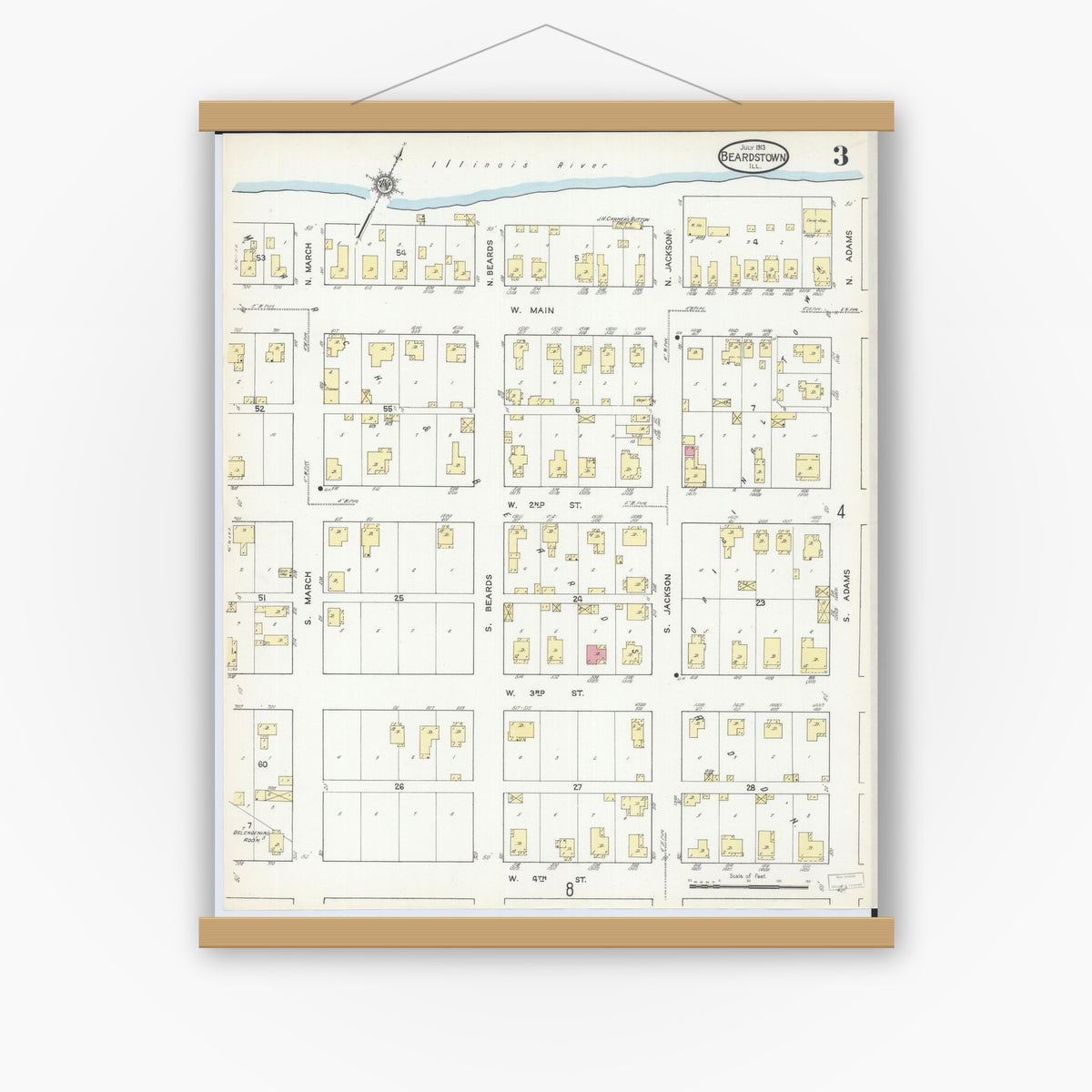 Old map wall art mockup — magnetic wood frame on white wall — Sanborn Fire Insurance Map from Beardstown, Cass County, Illinois (1913), Sheet #0003