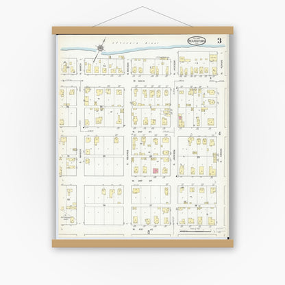 Old map wall art mockup — magnetic wood frame on white wall — Sanborn Fire Insurance Map from Beardstown, Cass County, Illinois (1913), Sheet #0003