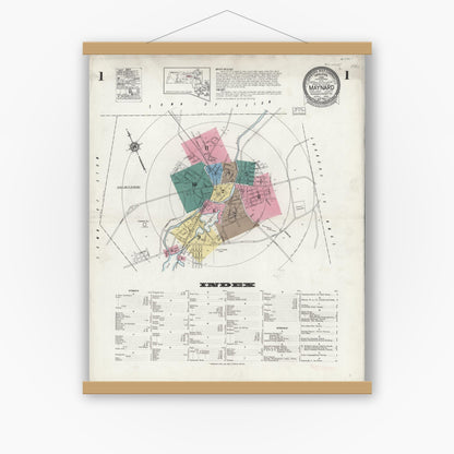 Old map wall art mockup — magnetic wood frame on white wall — Sanborn Fire Insurance Map from Maynard, Middlesex County, Massachusetts (1924), Sheet #0001