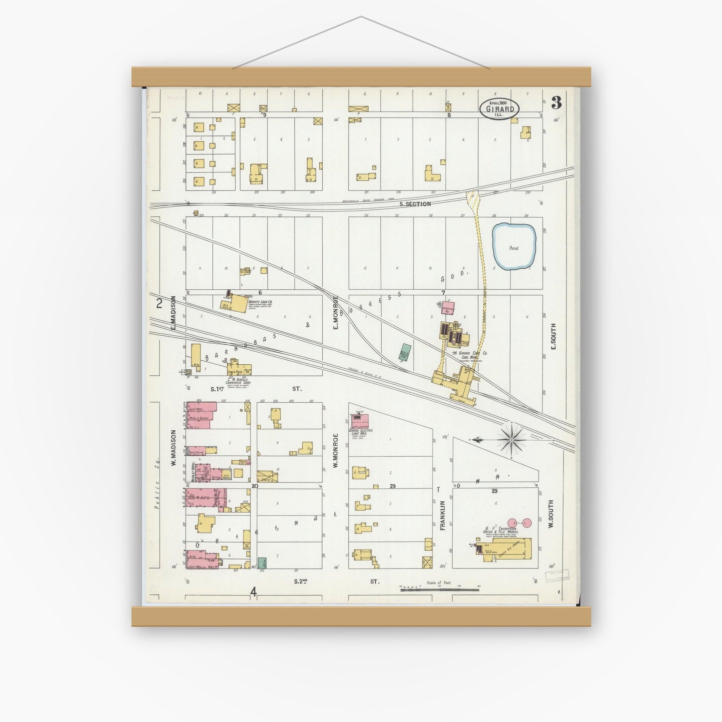 Old map wall art mockup — magnetic wood frame on white wall — Sanborn Fire Insurance Map from Girard, Macoupin County, Illinois (1900), Sheet #0003