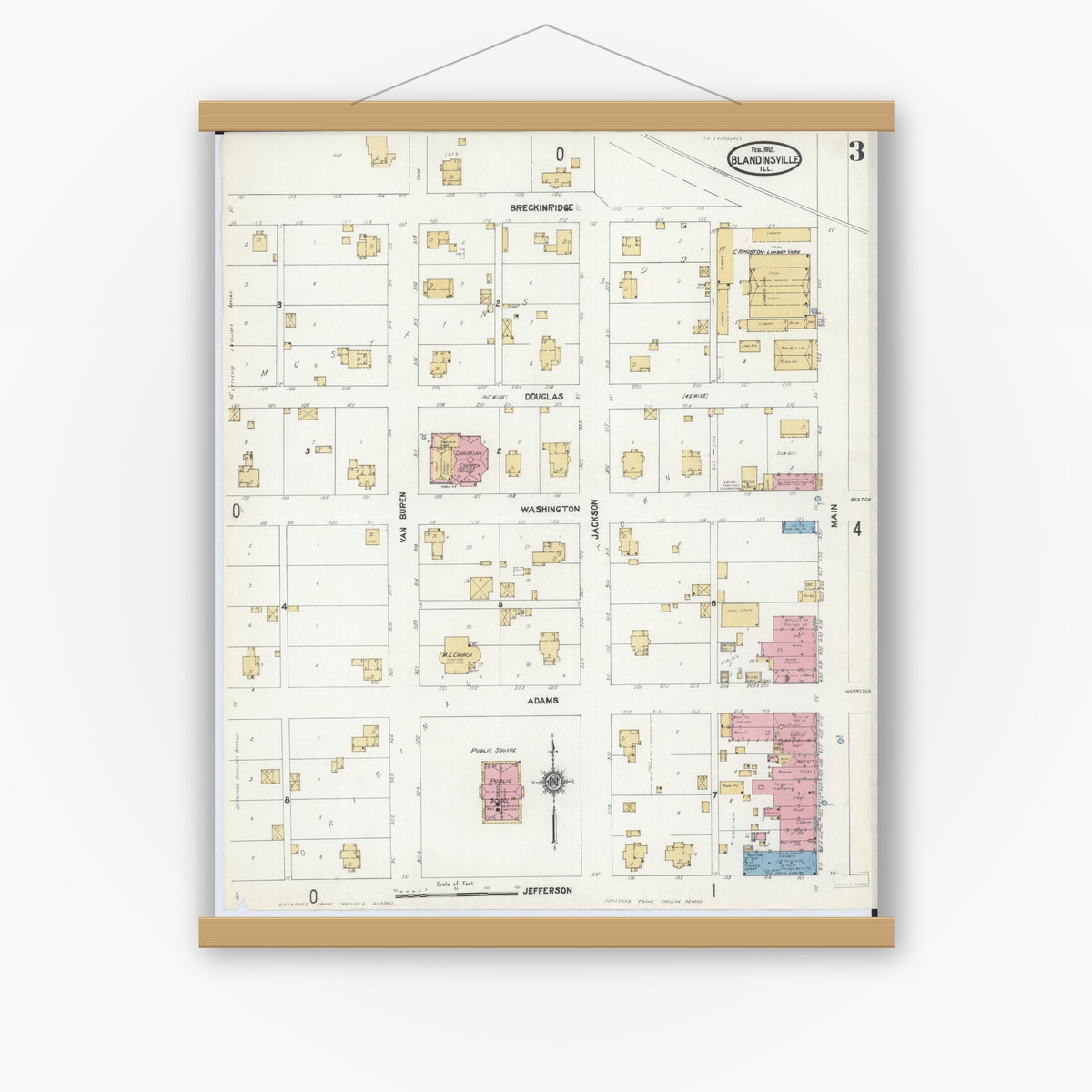 Old map wall art mockup — magnetic wood frame on white wall — Sanborn Fire Insurance Map from Blandinsville, Mcdonough County, Illinois (1912), Sheet #0003