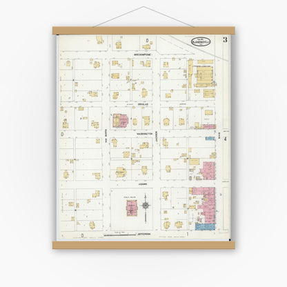 Old map wall art mockup — magnetic wood frame on white wall — Sanborn Fire Insurance Map from Blandinsville, Mcdonough County, Illinois (1912), Sheet #0003