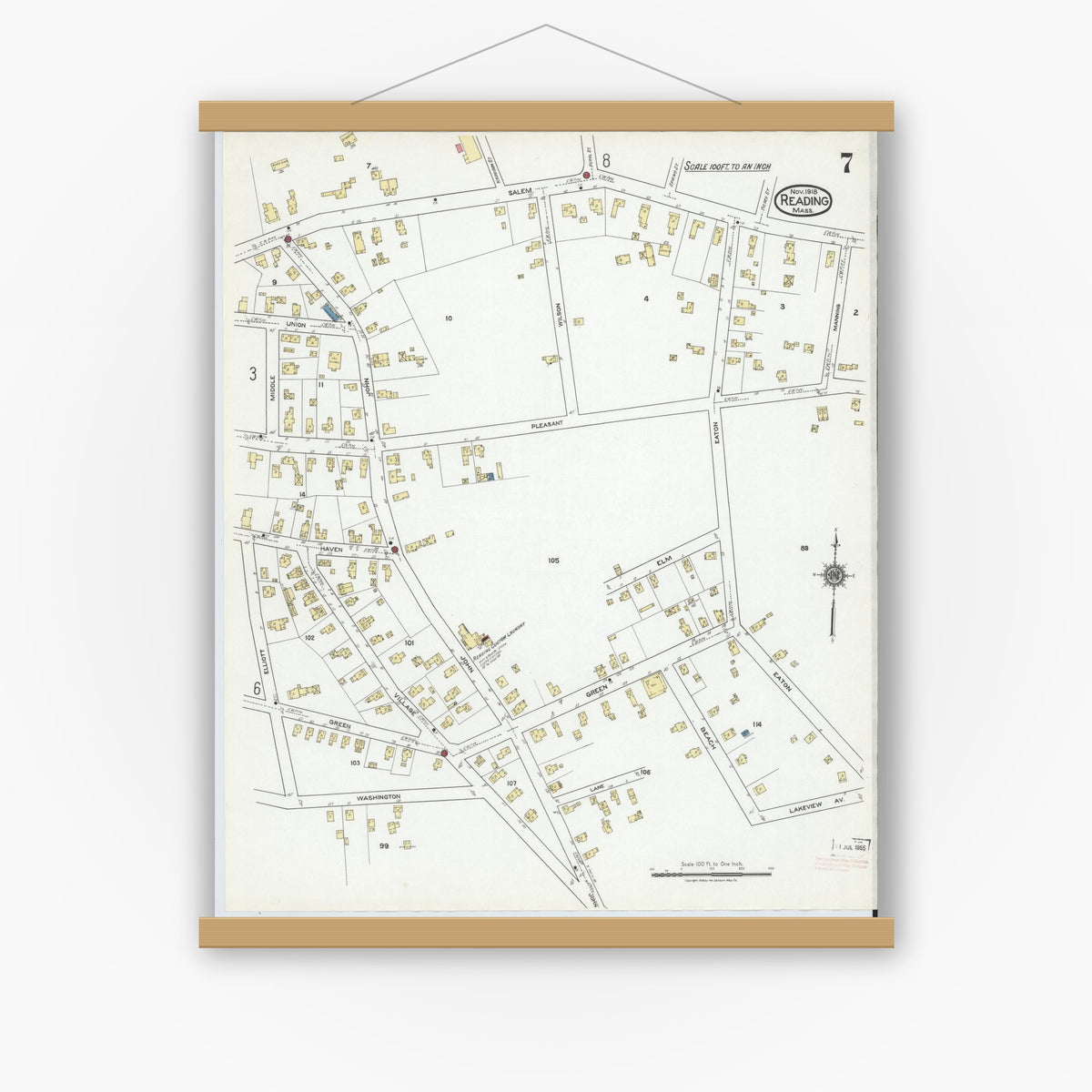 Old map wall art mockup — magnetic wood frame on white wall — Sanborn Fire Insurance Map from Reading, Middlesex County, Massachusetts (1918), Sheet #0007