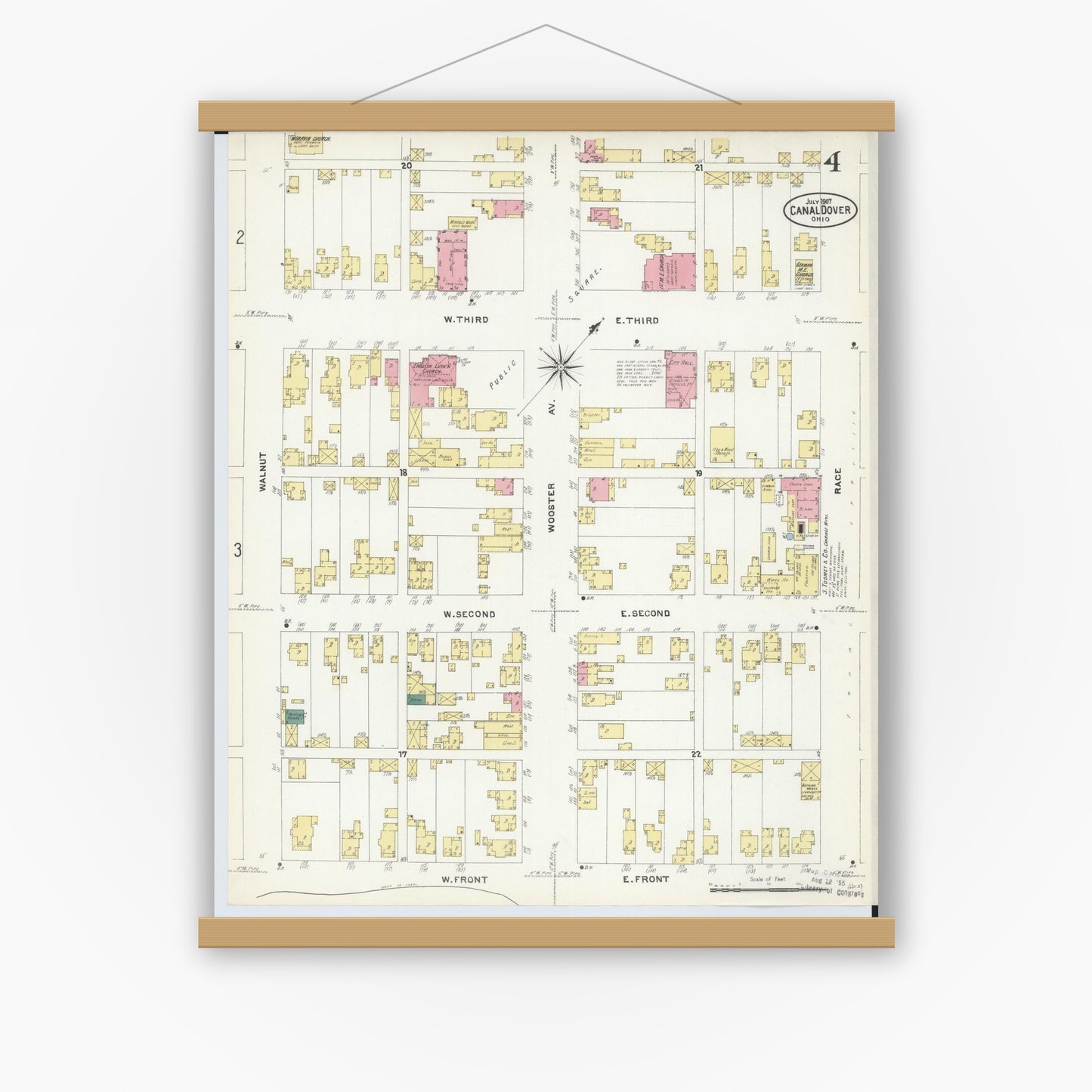 Old map wall art mockup — magnetic wood frame on white wall — Sanborn Fire Insurance Map from Canal Dover, Tuscarawas County, Ohio (1907), Sheet #0004