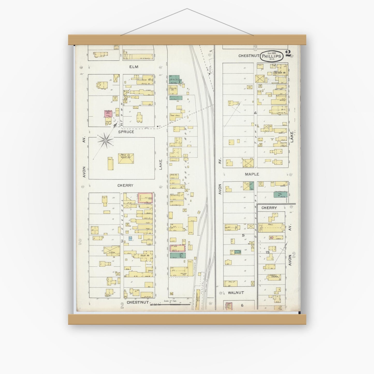 Old map wall art mockup — magnetic wood frame on white wall — Sanborn Fire Insurance Map from Phillips, Price County, Wisconsin (1892), Sheet #0002
