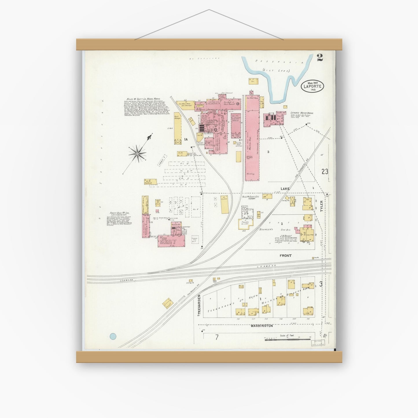 Old map wall art mockup — magnetic wood frame on white wall — Sanborn Fire Insurance Map from La Porte, La Porte County, Indiana (1907), Sheet #0002