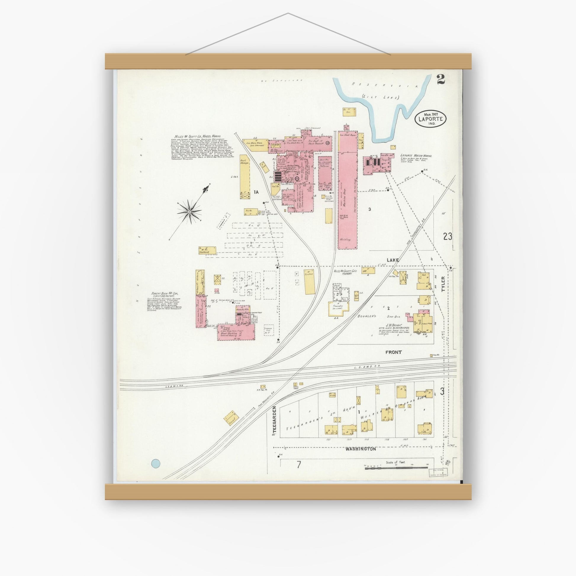 Old map wall art mockup — magnetic wood frame on white wall — Sanborn Fire Insurance Map from La Porte, La Porte County, Indiana (1907), Sheet #0002