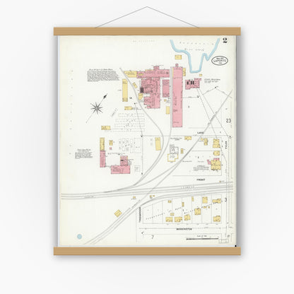 Old map wall art mockup — magnetic wood frame on white wall — Sanborn Fire Insurance Map from La Porte, La Porte County, Indiana (1907), Sheet #0002