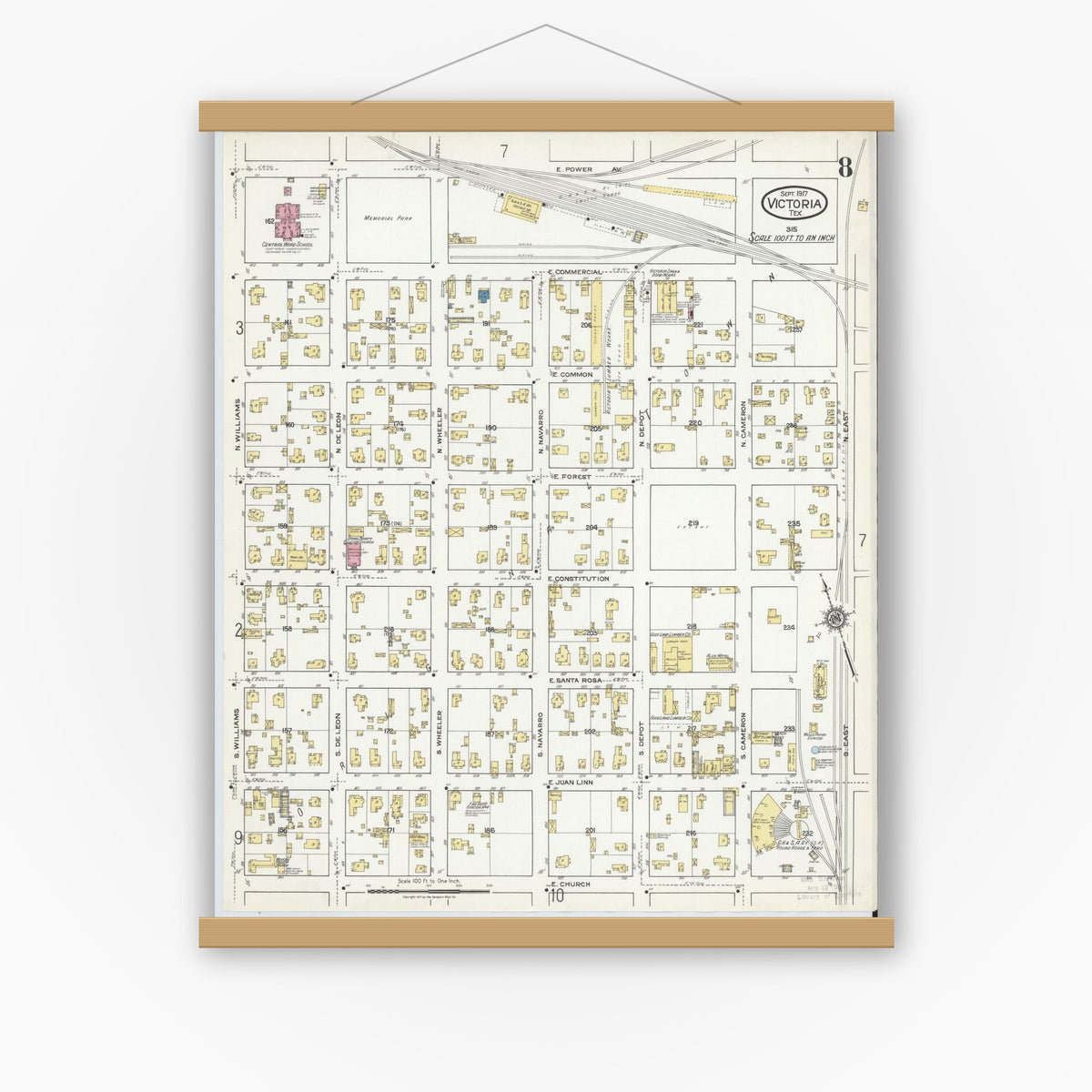 Old map wall art mockup — magnetic wood frame on white wall — Sanborn Fire Insurance Map from Victoria, Victoria County, Texas (1917), Sheet #0008