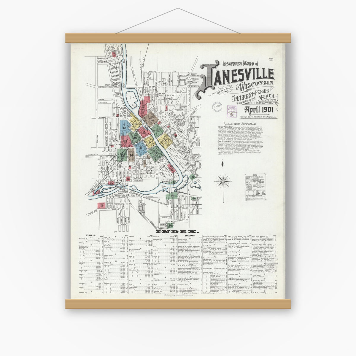 Old map wall art mockup — magnetic wood frame on white wall — Sanborn Fire Insurance Map from Janesville, Rock County, Wisconsin (1901) - Complete Map Set