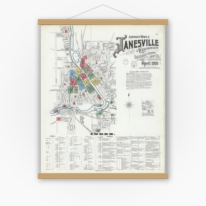 Old map wall art mockup — magnetic wood frame on white wall — Sanborn Fire Insurance Map from Janesville, Rock County, Wisconsin (1901) - Complete Map Set