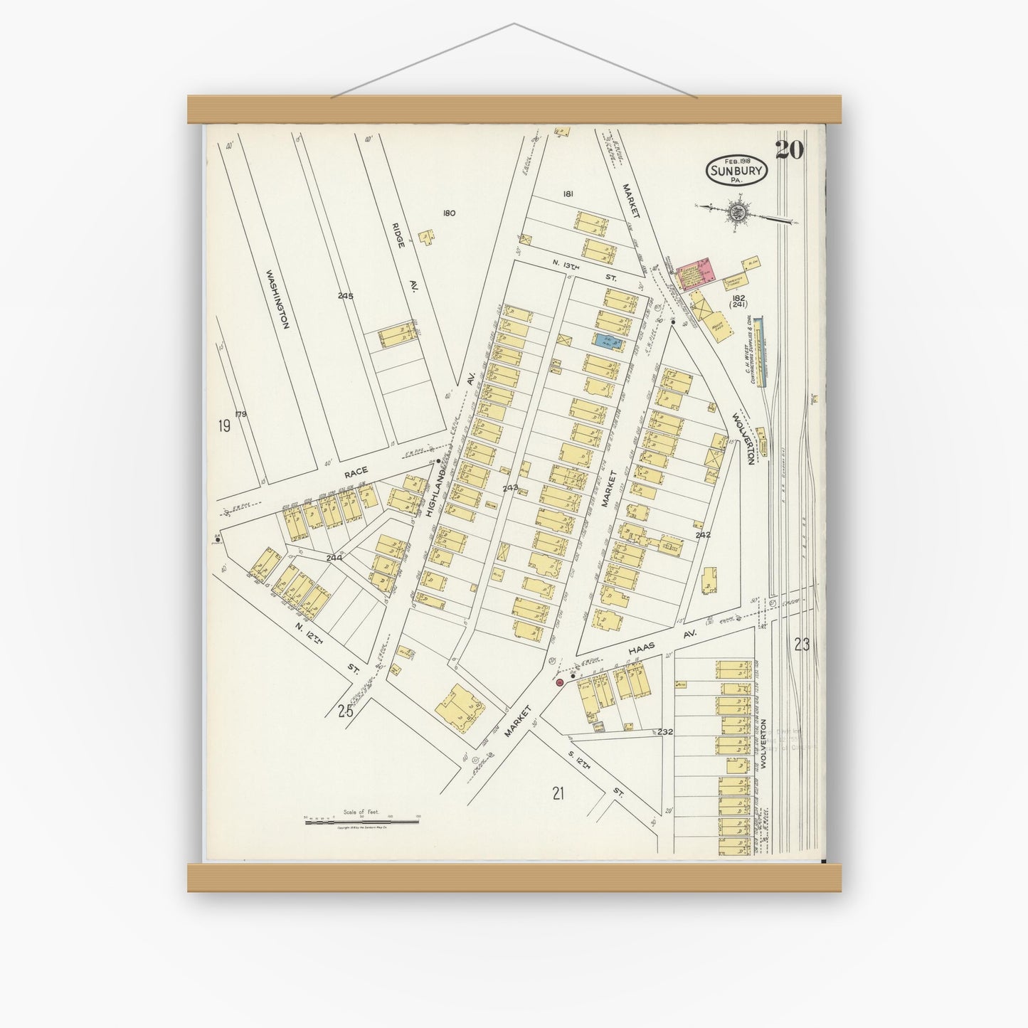 Old map wall art mockup — magnetic wood frame on white wall — Sanborn Fire Insurance Map from Sunbury, Northumberland County, Pennsylvania (1918), Sheet #0020