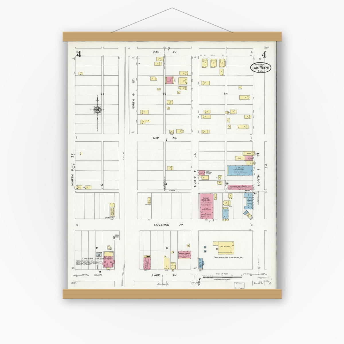 Old map wall art mockup — magnetic wood frame on white wall — Sanborn Fire Insurance Map from Lake Worth, Palm Beach County, Florida (1924), Sheet #0004