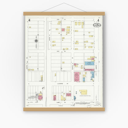 Old map wall art mockup — magnetic wood frame on white wall — Sanborn Fire Insurance Map from Lake Worth, Palm Beach County, Florida (1924), Sheet #0004