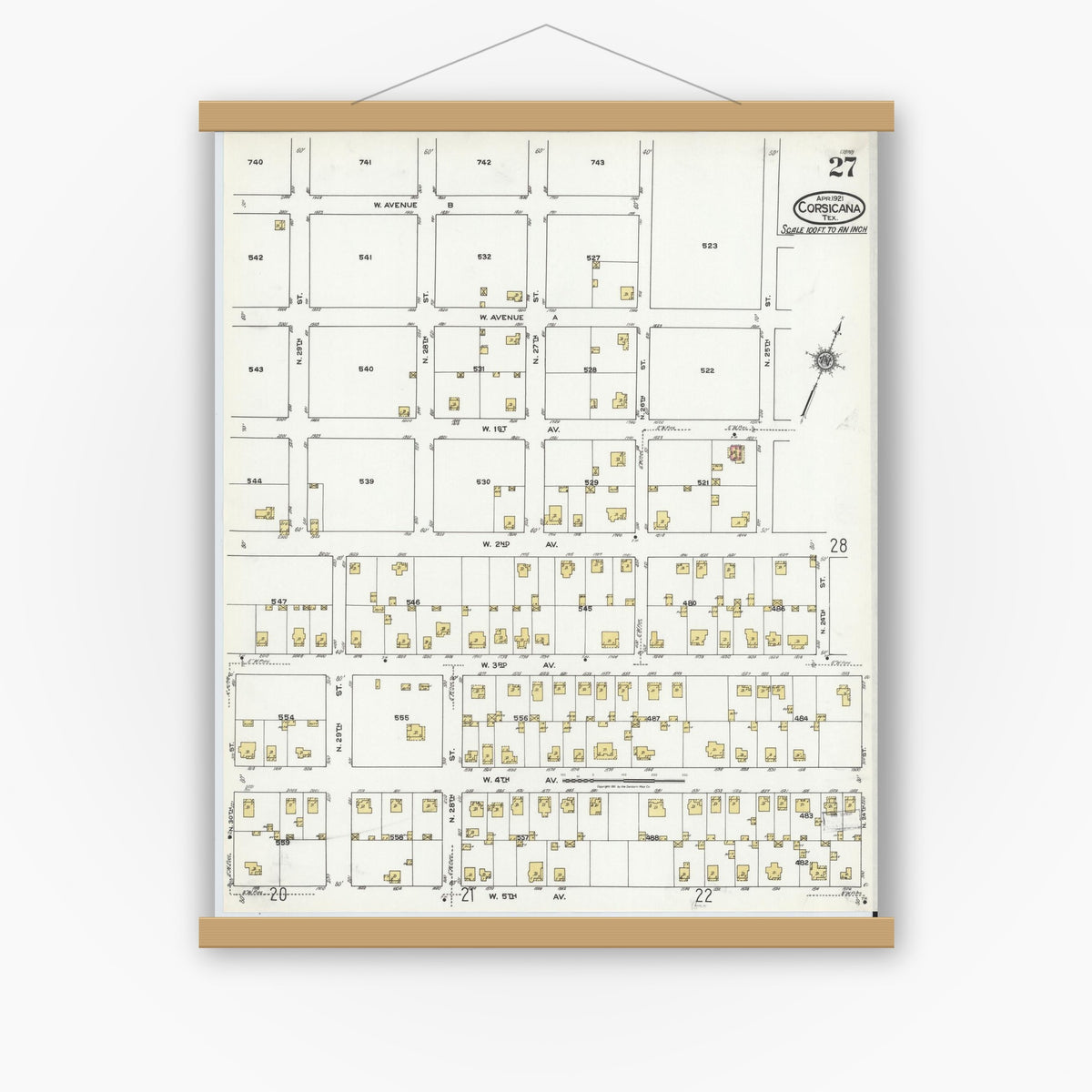 Old map wall art mockup — magnetic wood frame on white wall — Sanborn Fire Insurance Map from Corsicana, Navarro County, Texas (1921), Sheet #0027