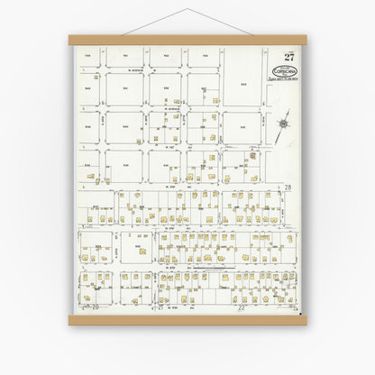 Old map wall art mockup — magnetic wood frame on white wall — Sanborn Fire Insurance Map from Corsicana, Navarro County, Texas (1921), Sheet #0027