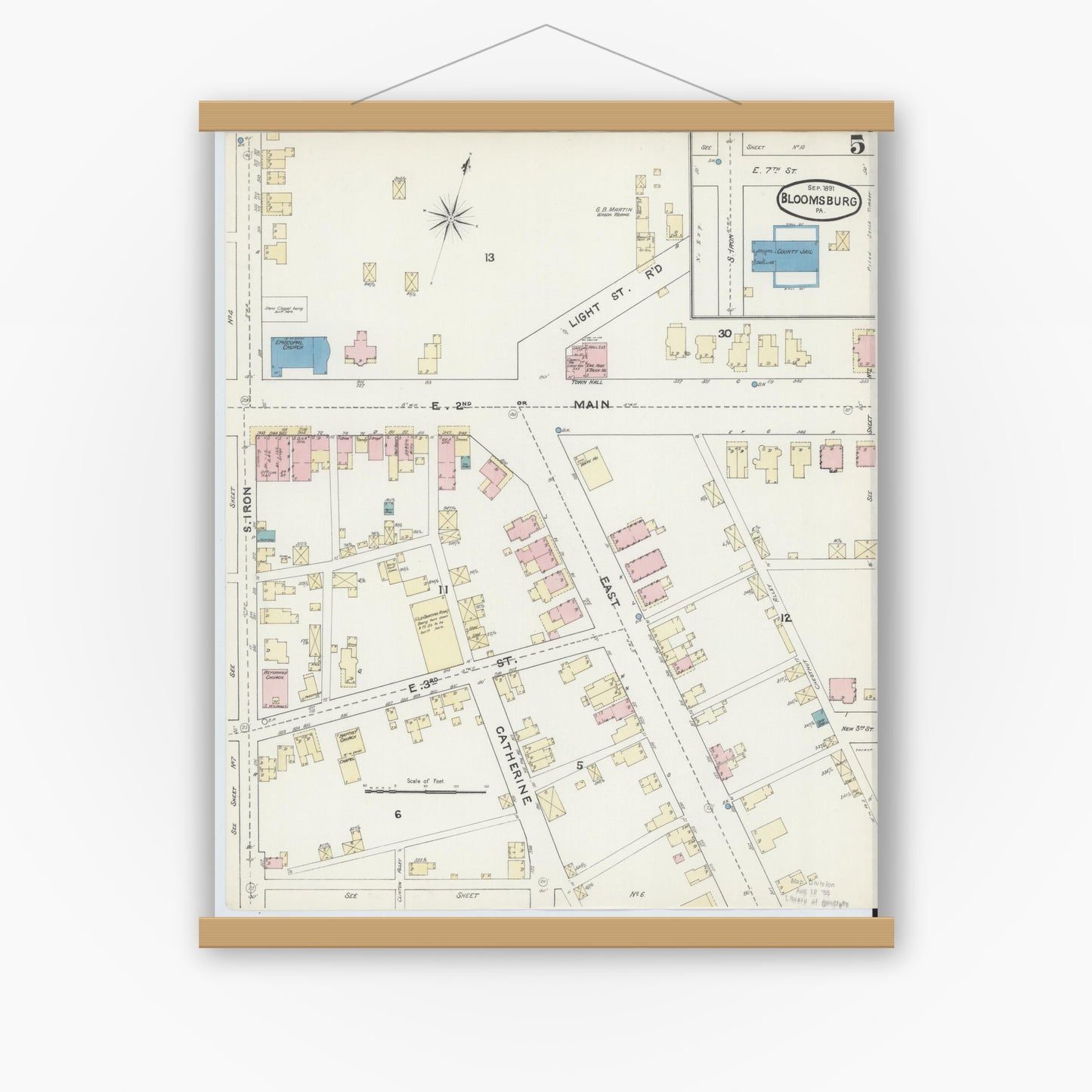 Old map wall art mockup — magnetic wood frame on white wall — Sanborn Fire Insurance Map from Bloomsburg, Columbia County, Pennsylvania (1891), Sheet #0005