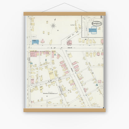 Old map wall art mockup — magnetic wood frame on white wall — Sanborn Fire Insurance Map from Bloomsburg, Columbia County, Pennsylvania (1891), Sheet #0005
