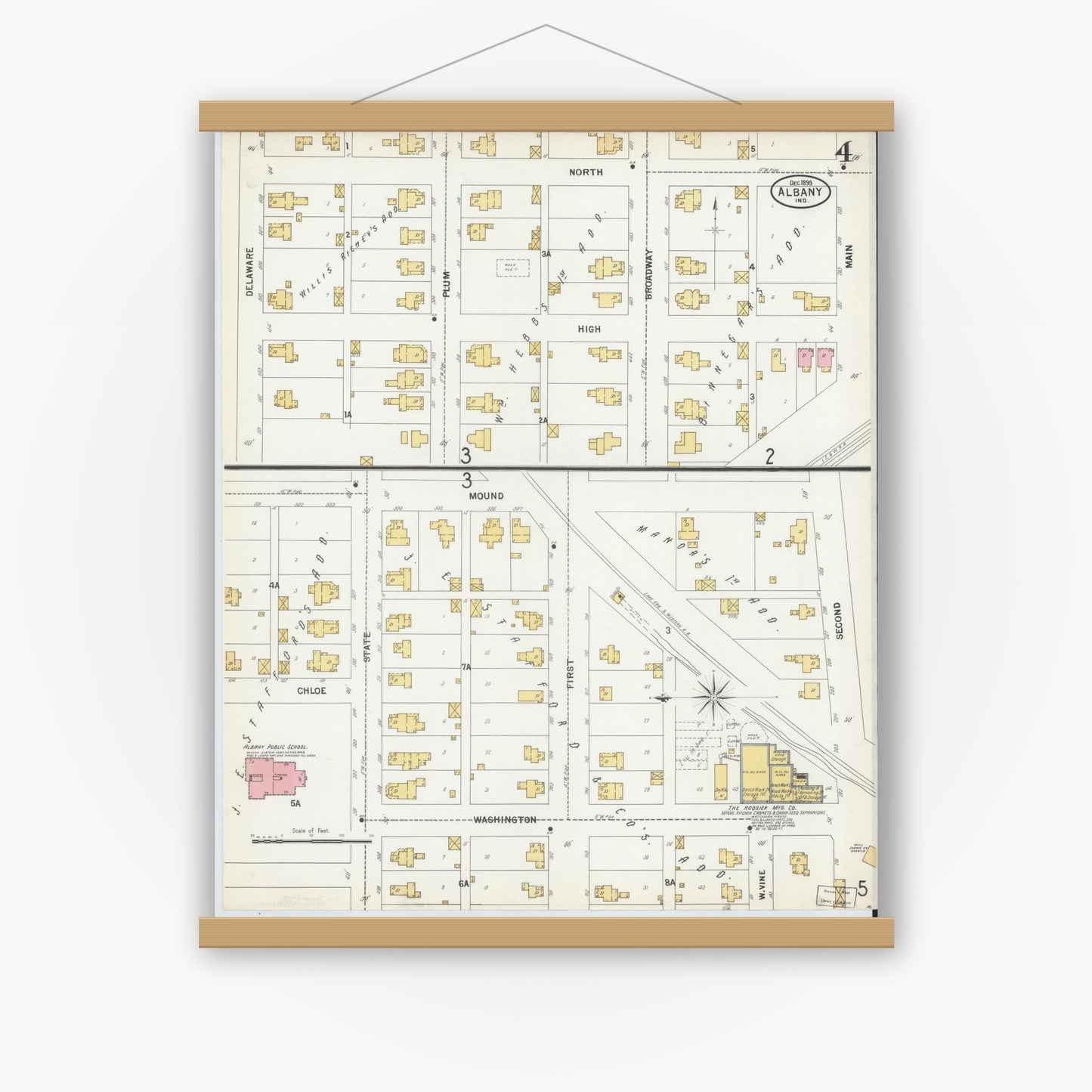 Old map wall art mockup — magnetic wood frame on white wall — Sanborn Fire Insurance Map from Albany, Delaware County, Indiana (1899), Sheet #0004