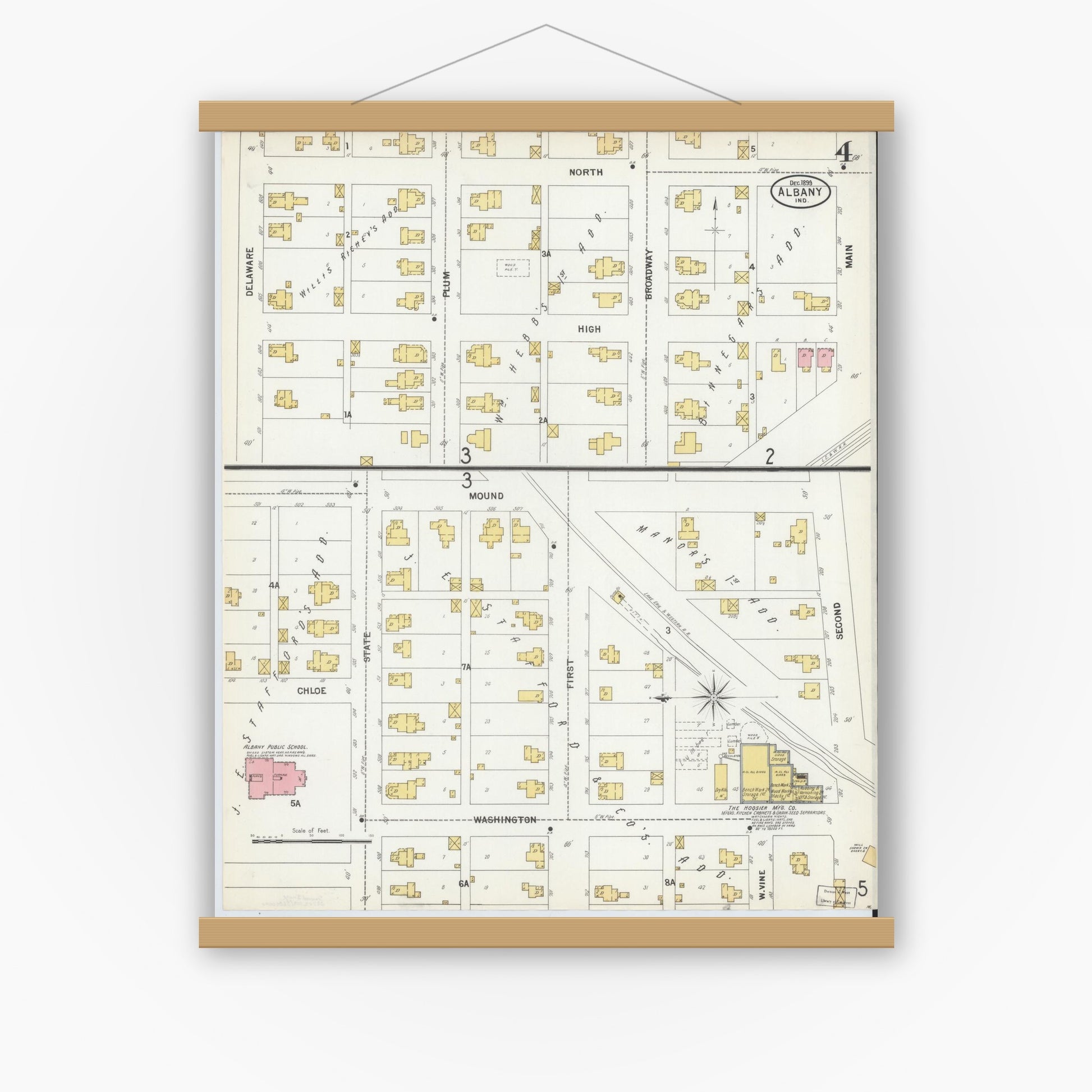 Old map wall art mockup — magnetic wood frame on white wall — Sanborn Fire Insurance Map from Albany, Delaware County, Indiana (1899), Sheet #0004