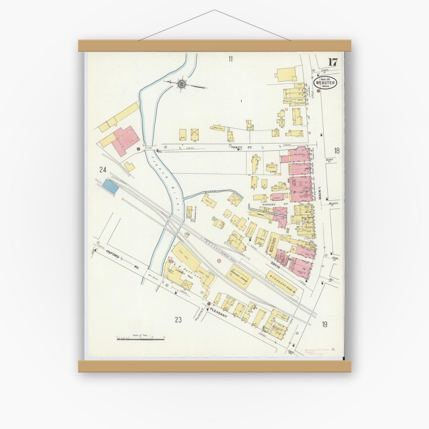 Old map wall art mockup — magnetic wood frame on white wall — Sanborn Fire Insurance Map from Webster, Worcester County, Massachusetts (1911), Sheet #0017