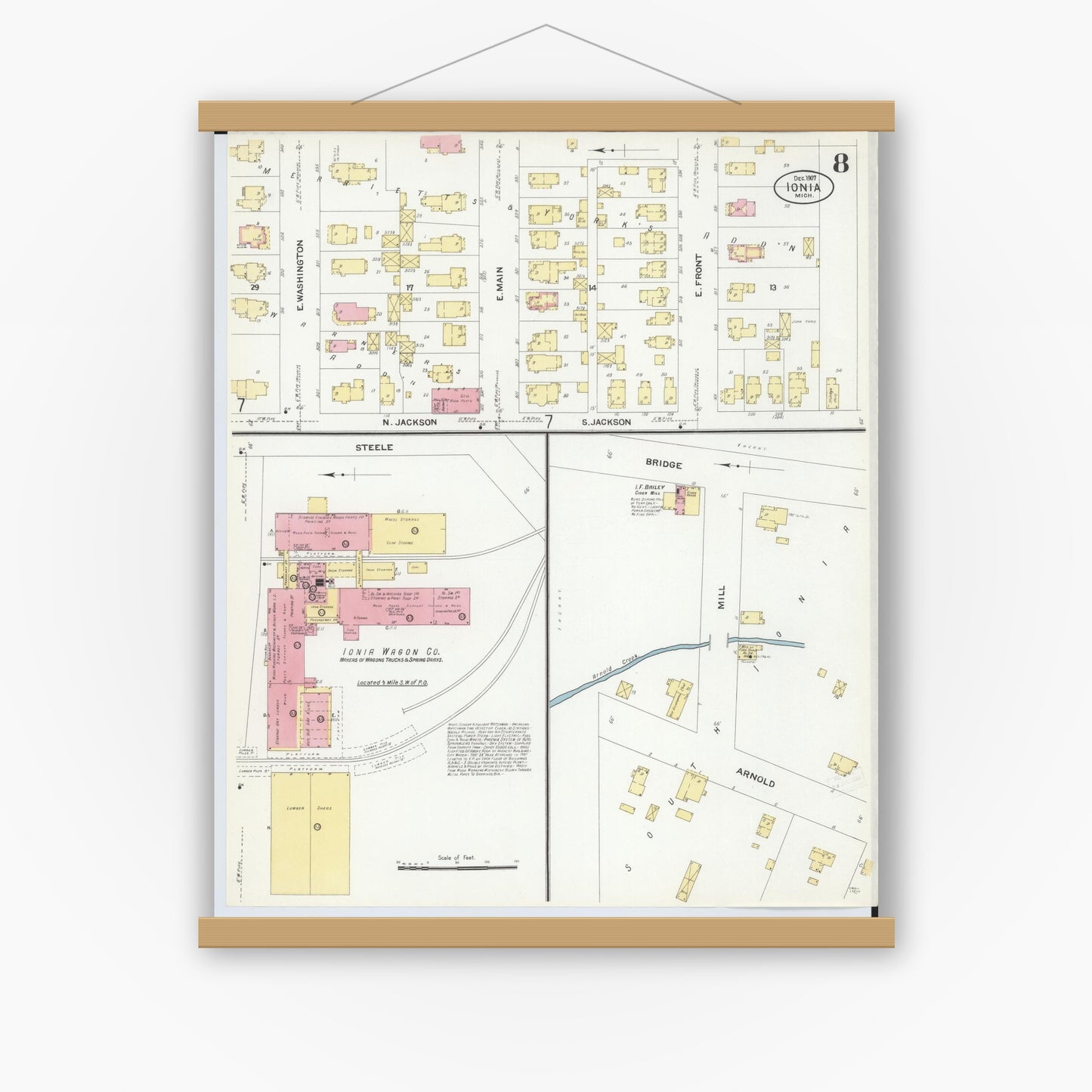 Old map wall art mockup — magnetic wood frame on white wall — Sanborn Fire Insurance Map from Ionia, Ionia County, Michigan (1907), Sheet #0008