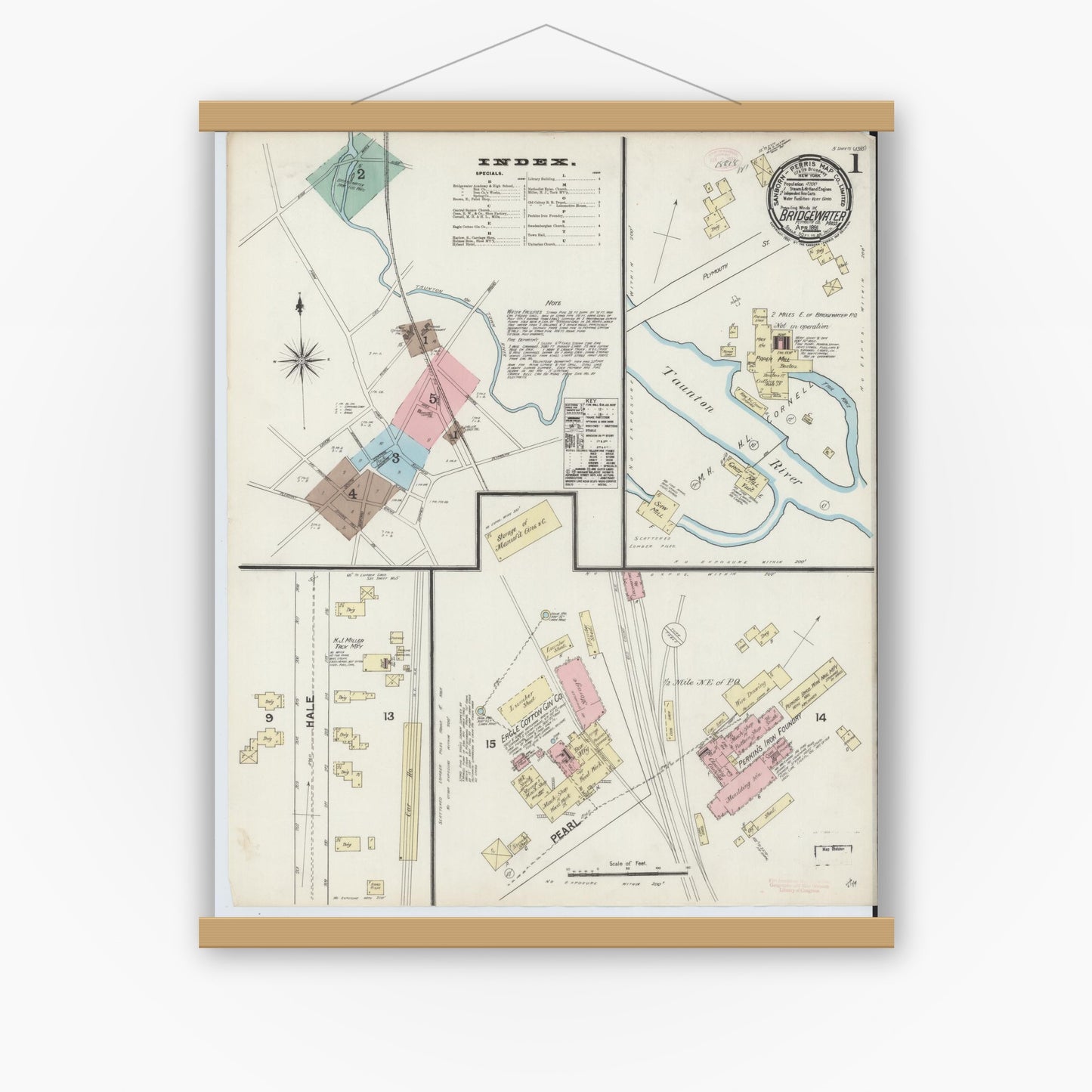 Old map wall art mockup — magnetic wood frame on white wall — Sanborn Fire Insurance Map from Bridgewater, Plymouth County, Massachusetts (1891) - Complete Map Set