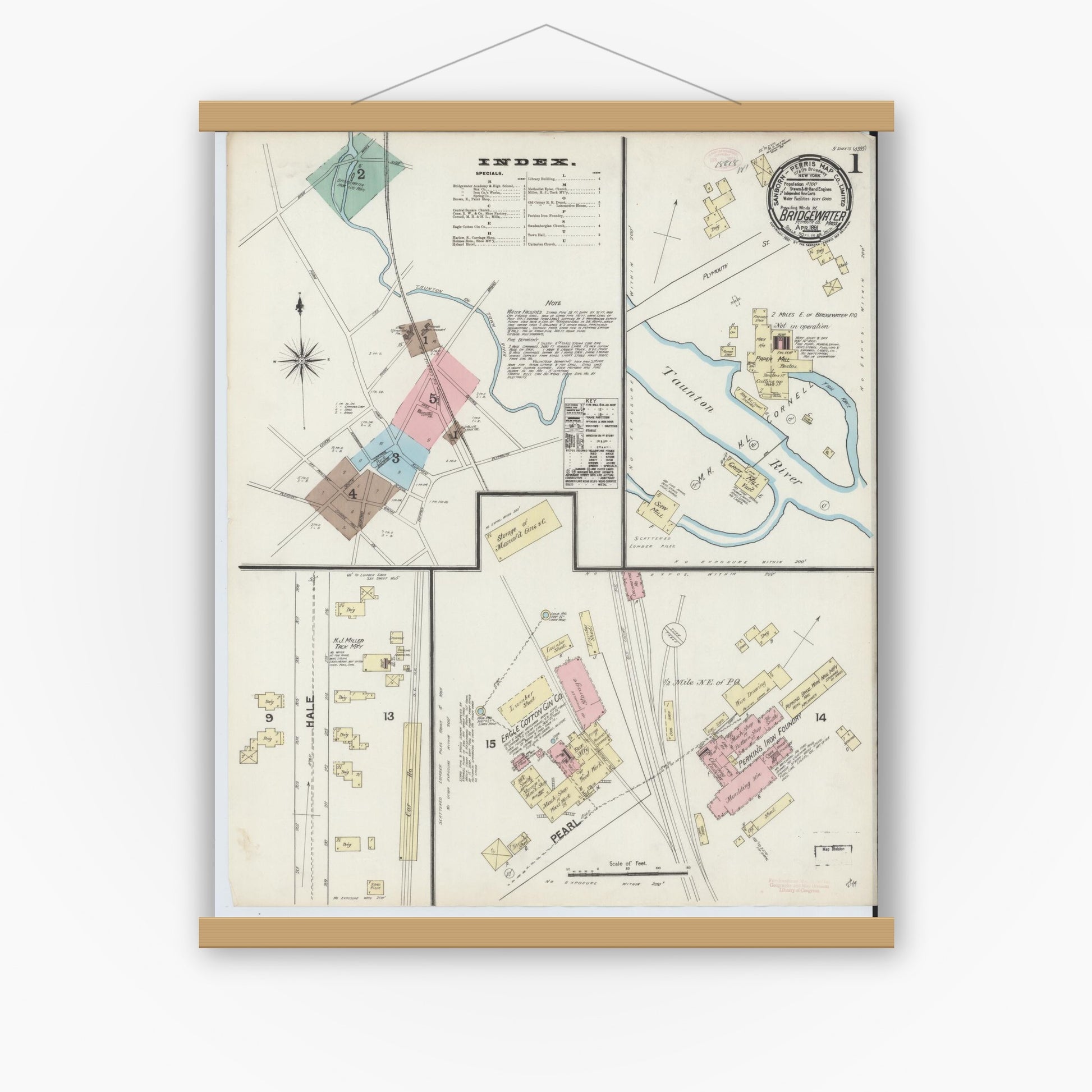 Old map wall art mockup — magnetic wood frame on white wall — Sanborn Fire Insurance Map from Bridgewater, Plymouth County, Massachusetts (1891) - Complete Map Set