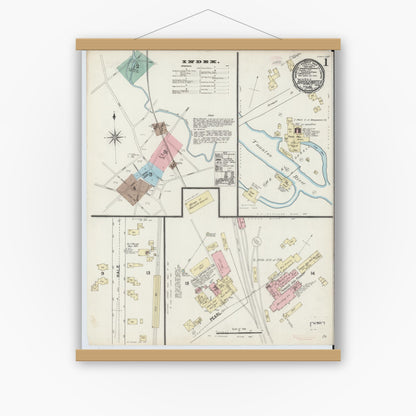 Old map wall art mockup — magnetic wood frame on white wall — Sanborn Fire Insurance Map from Bridgewater, Plymouth County, Massachusetts (1891) - Complete Map Set