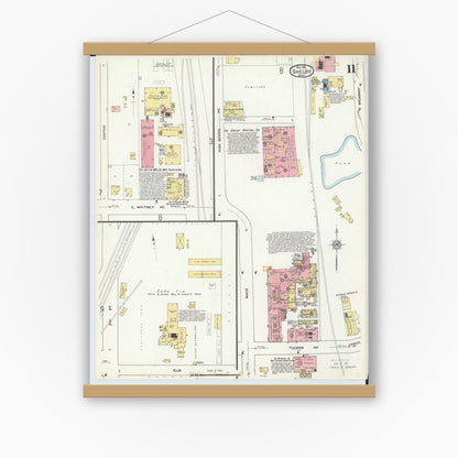 Old map wall art mockup — magnetic wood frame on white wall — Sanborn Fire Insurance Map from Shelby, Richland County, Ohio (1911), Sheet #0011