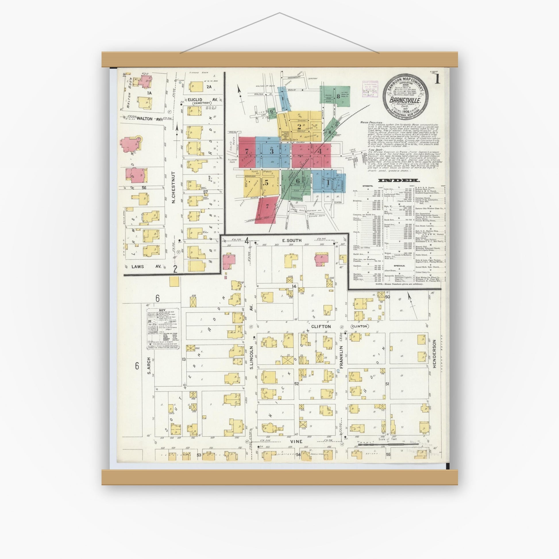 Old map wall art mockup — magnetic wood frame on white wall — Sanborn Fire Insurance Map from Barnesville, Belmont County, Ohio (1908) - Complete Map Set