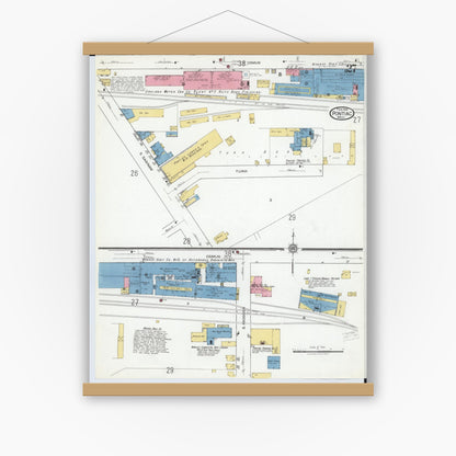 Old map wall art mockup — magnetic wood frame on white wall — Sanborn Fire Insurance Map from Pontiac, Oakland County, Michigan (1919), Sheet #0027