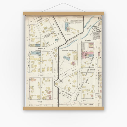 Old map wall art mockup — magnetic wood frame on white wall — Sanborn Fire Insurance Map from La Crosse, La Crosse County, Wisconsin (1884), Sheet #0011