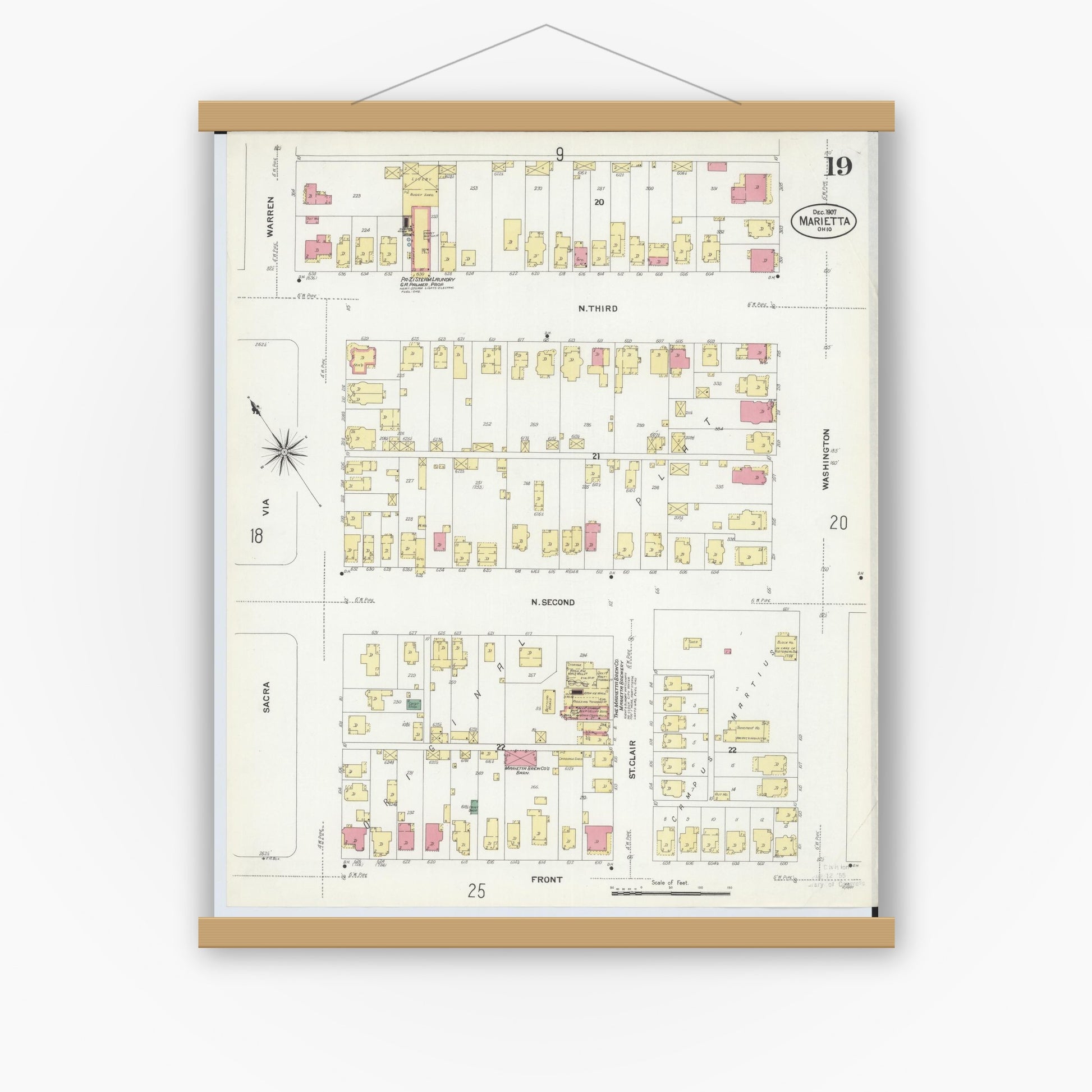 Old map wall art mockup — magnetic wood frame on white wall — Sanborn Fire Insurance Map from Marietta, Washington County, Ohio (1907), Sheet #0019