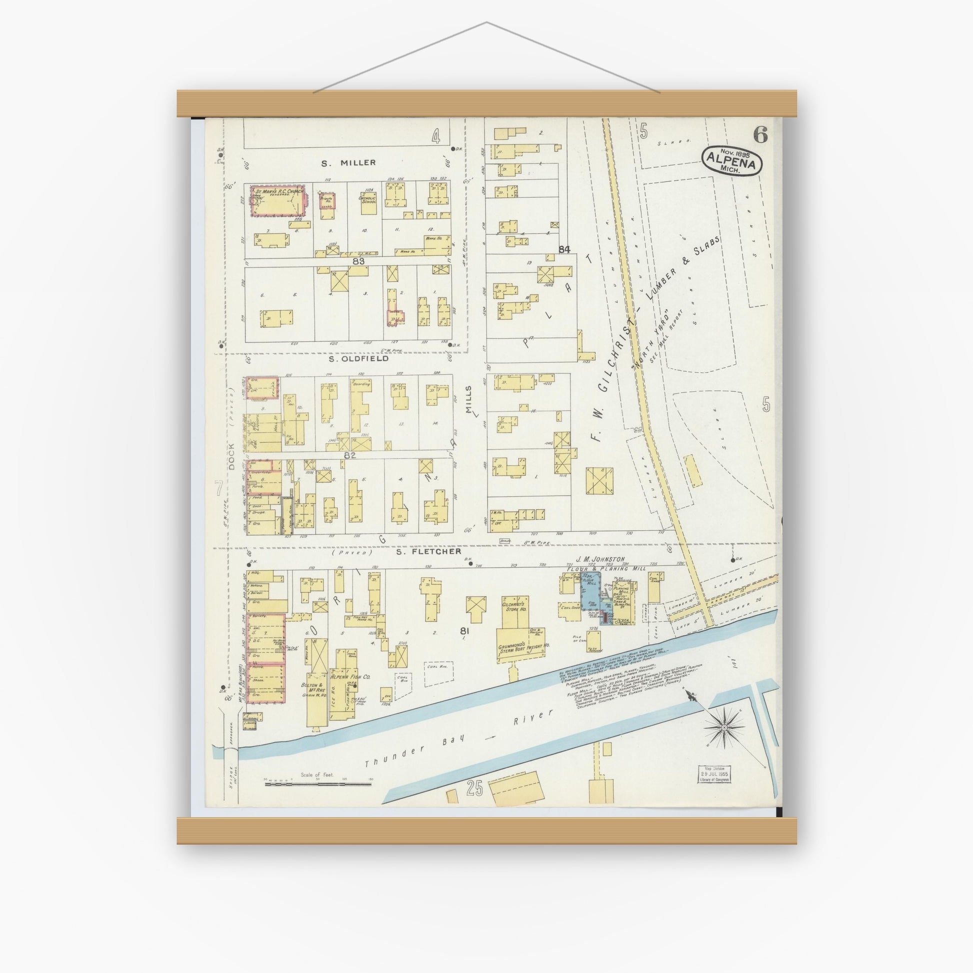 Old map wall art mockup — magnetic wood frame on white wall — Sanborn Fire Insurance Map from Alpena, Alpena County, Michigan (1895), Sheet #0006