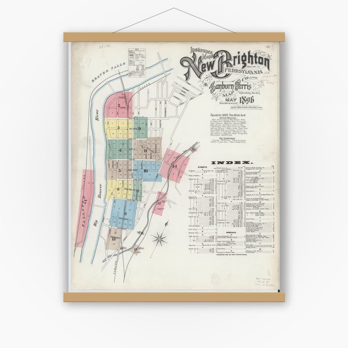 Old map wall art mockup — magnetic wood frame on white wall — Sanborn Fire Insurance Map from New Brighton, Beaver County, Pennsylvania (1896), Sheet #0001