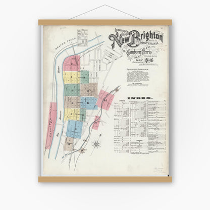 Old map wall art mockup — magnetic wood frame on white wall — Sanborn Fire Insurance Map from New Brighton, Beaver County, Pennsylvania (1896), Sheet #0001