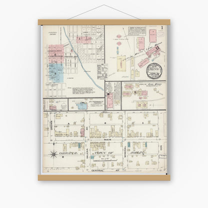 Old map wall art mockup — magnetic wood frame on white wall — Sanborn Fire Insurance Map from Joplin, Jasper County, Missouri (1884), Sheet #0001