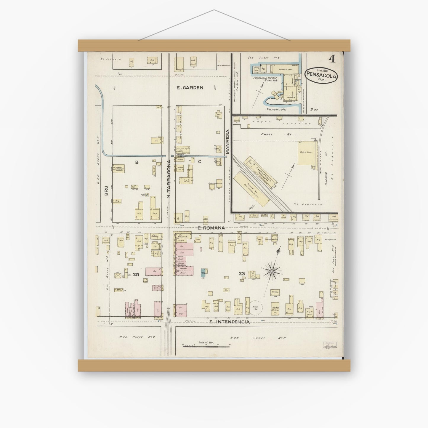 Old map wall art mockup — magnetic wood frame on white wall — Sanborn Fire Insurance Map from Pensacola, Escambia County, Florida (1887), Sheet #0004