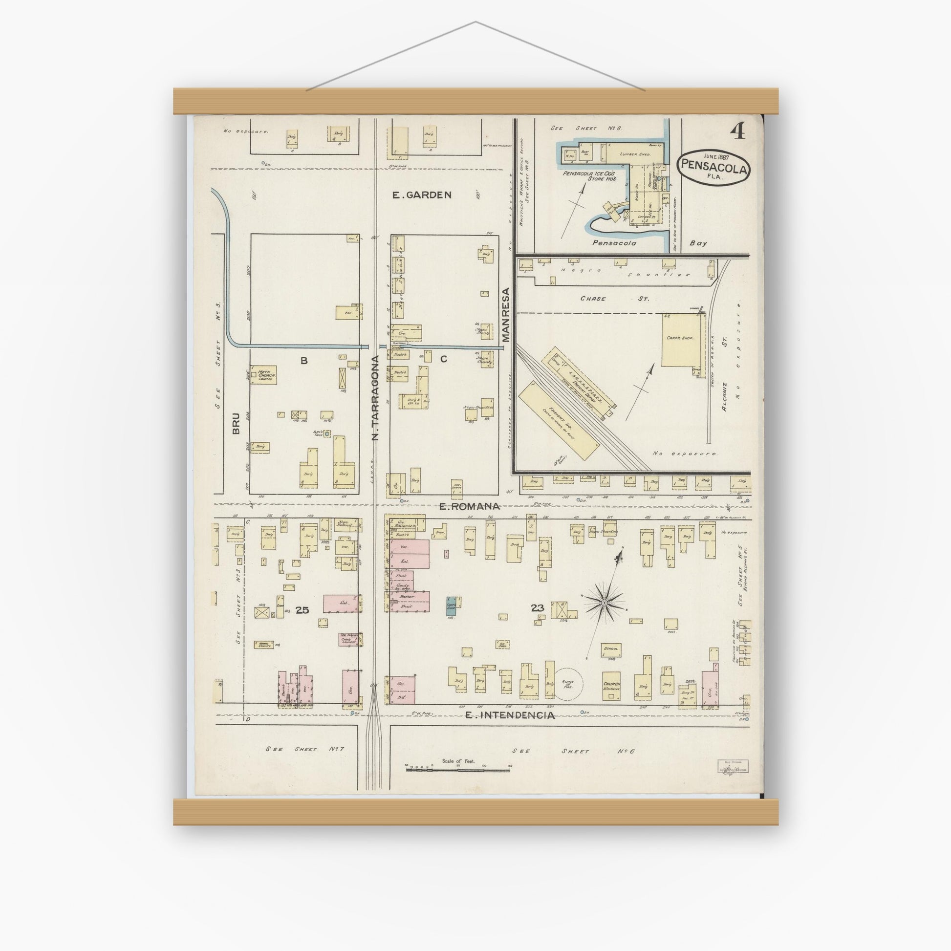 Old map wall art mockup — magnetic wood frame on white wall — Sanborn Fire Insurance Map from Pensacola, Escambia County, Florida (1887), Sheet #0004