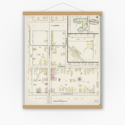 Old map wall art mockup — magnetic wood frame on white wall — Sanborn Fire Insurance Map from Pensacola, Escambia County, Florida (1887), Sheet #0004