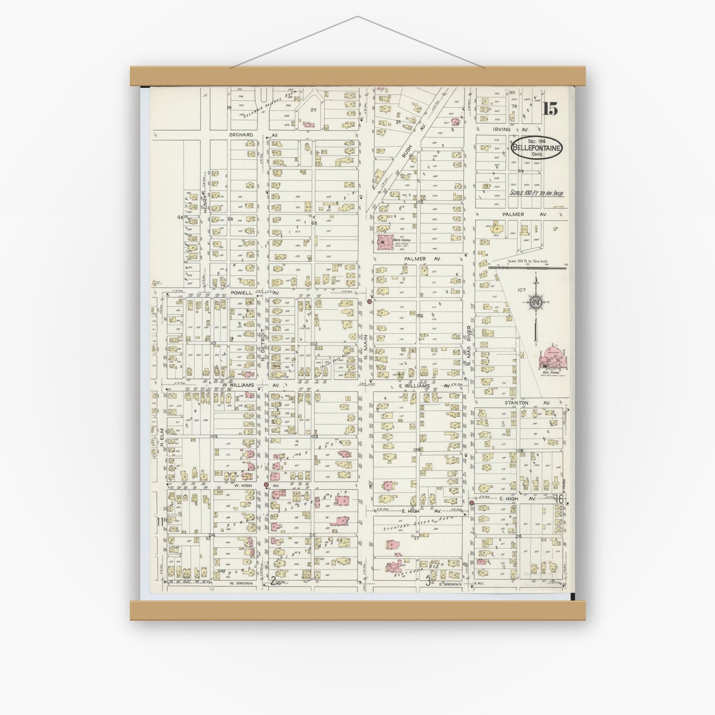 Old map wall art mockup — magnetic wood frame on white wall — Sanborn Fire Insurance Map from Bellefontaine, Logan County, Ohio (1914), Sheet #0015