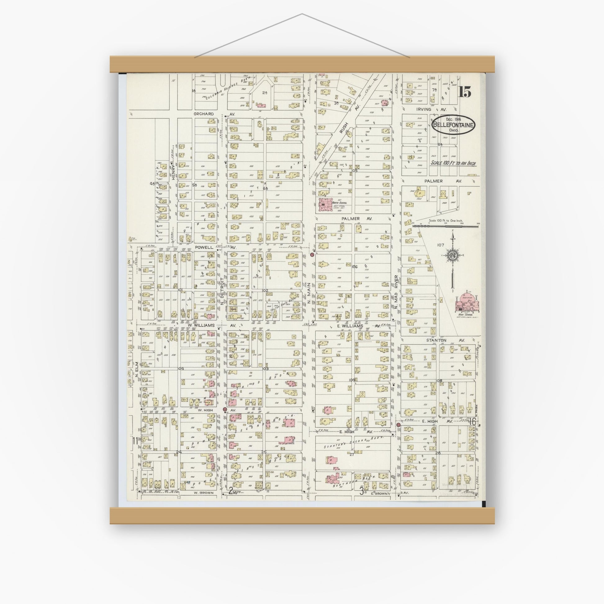 Old map wall art mockup — magnetic wood frame on white wall — Sanborn Fire Insurance Map from Bellefontaine, Logan County, Ohio (1914), Sheet #0015