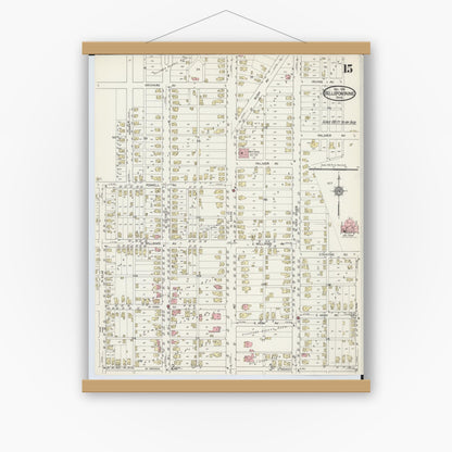 Old map wall art mockup — magnetic wood frame on white wall — Sanborn Fire Insurance Map from Bellefontaine, Logan County, Ohio (1914), Sheet #0015