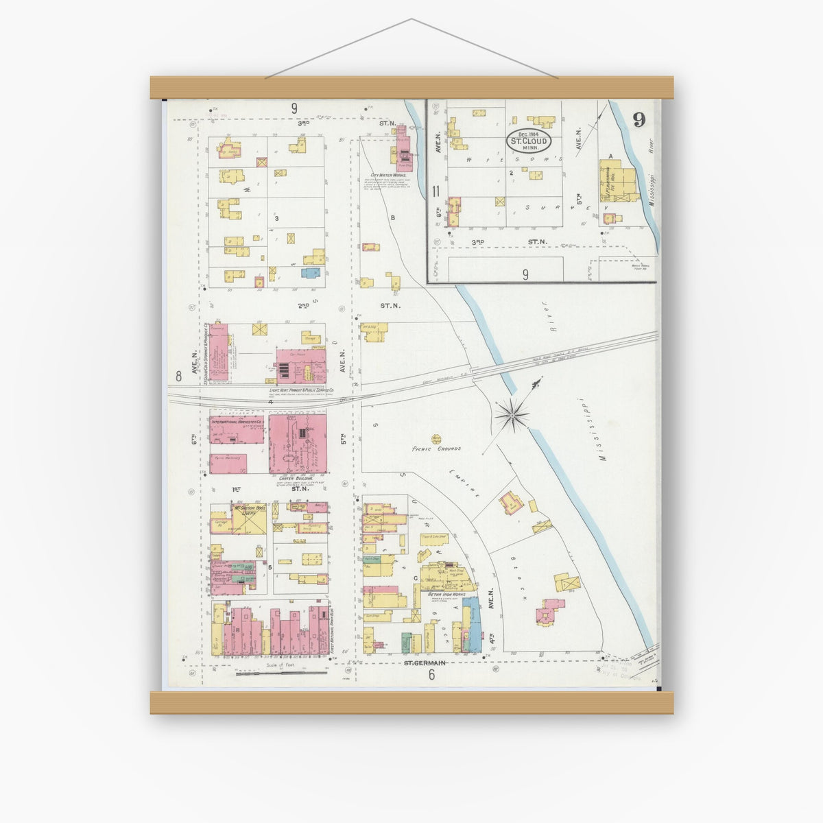 Old map wall art mockup — magnetic wood frame on white wall — Sanborn Fire Insurance Map from Saint Cloud, Stearns, Benton, and Sherburne Counties, Minnesota (1904), Sheet #0009