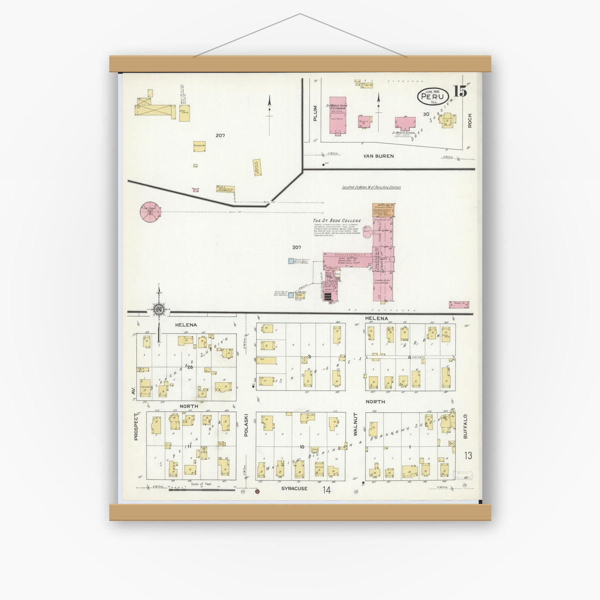 Old map wall art mockup — magnetic wood frame on white wall — Sanborn Fire Insurance Map from Peru, La Salle County, Illinois (1916), Sheet #0015