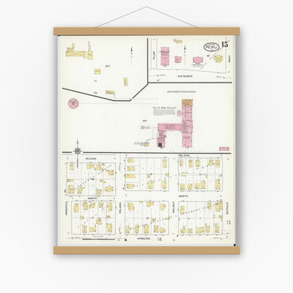 Old map wall art mockup — magnetic wood frame on white wall — Sanborn Fire Insurance Map from Peru, La Salle County, Illinois (1916), Sheet #0015