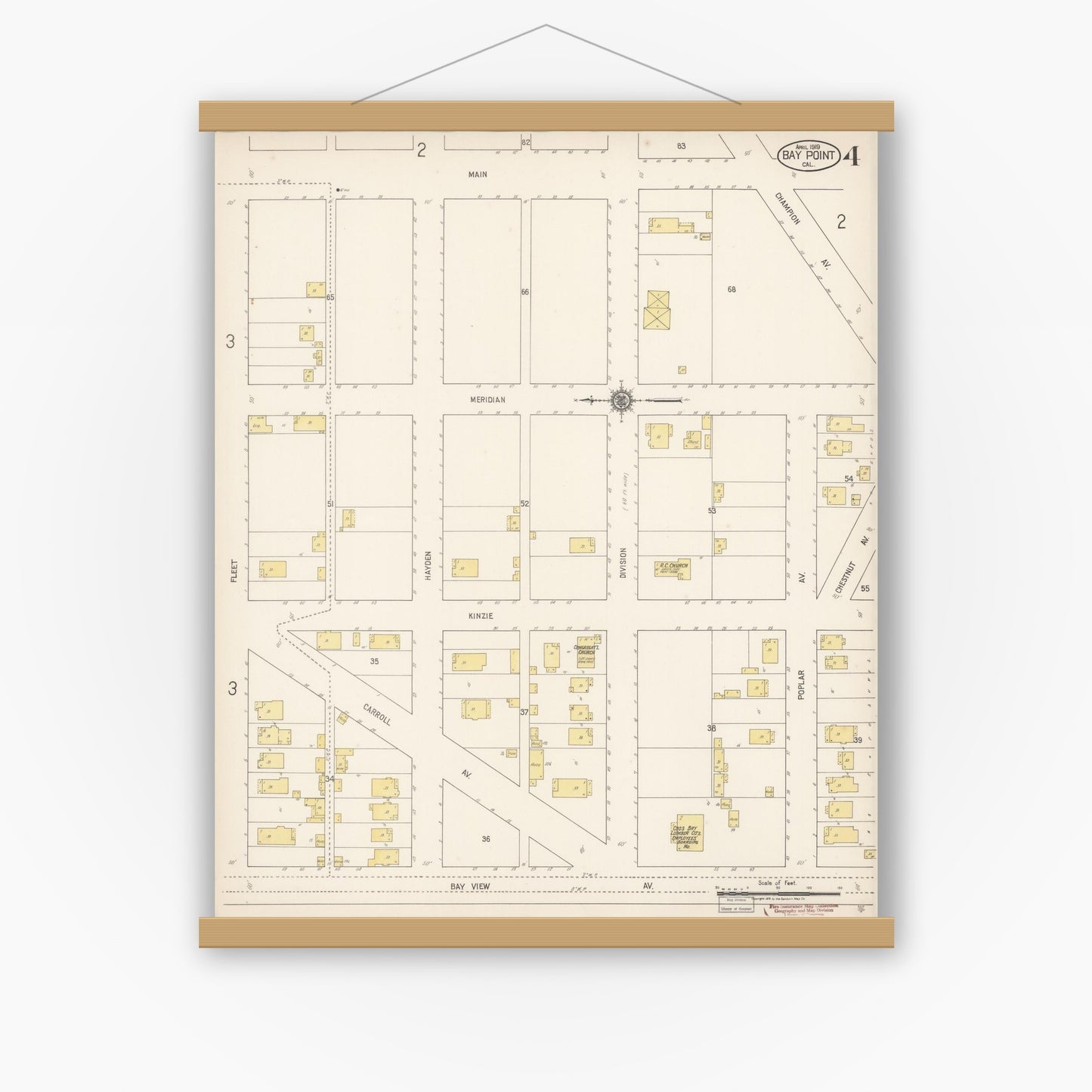 Old map wall art mockup — magnetic wood frame on white wall — Sanborn Fire Insurance Map from Bay Point, Contra Costa County, California (1919), Sheet #0004